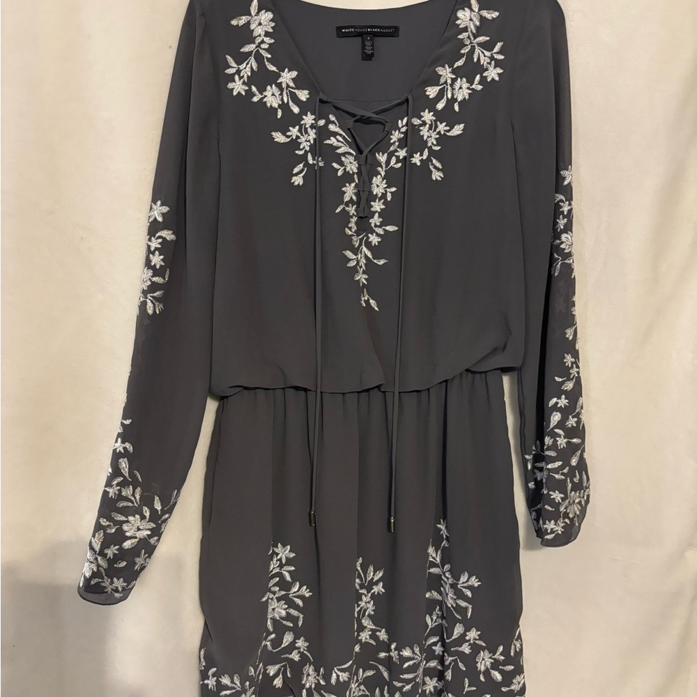 White House Black Market Gray Tiered Bishop Sleeve Dress